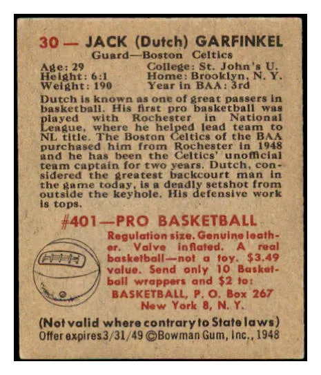 1948 Bowman Basketball #030 Jack Garfinkel Celtics EX /EX-MT 507273