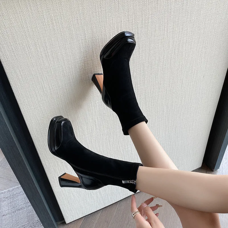 2025  Coarse heel short boots women's splicing waterproof table elastic thin boots high heel short single boots versatile Korean version gentle