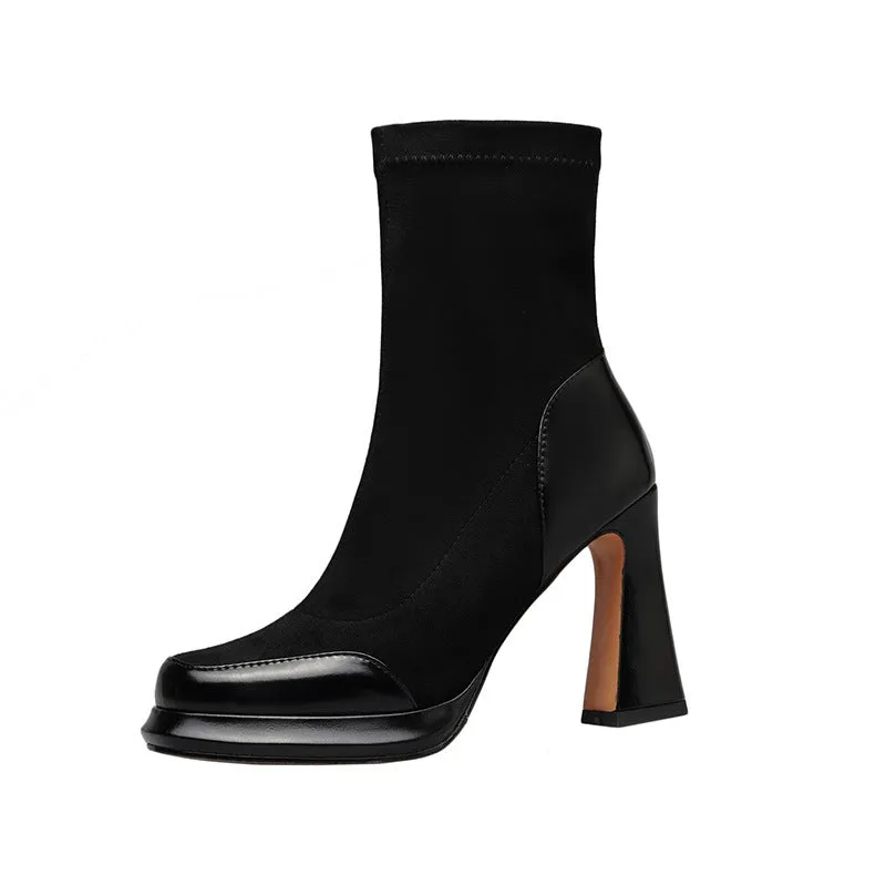 2025  Coarse heel short boots women's splicing waterproof table elastic thin boots high heel short single boots versatile Korean version gentle
