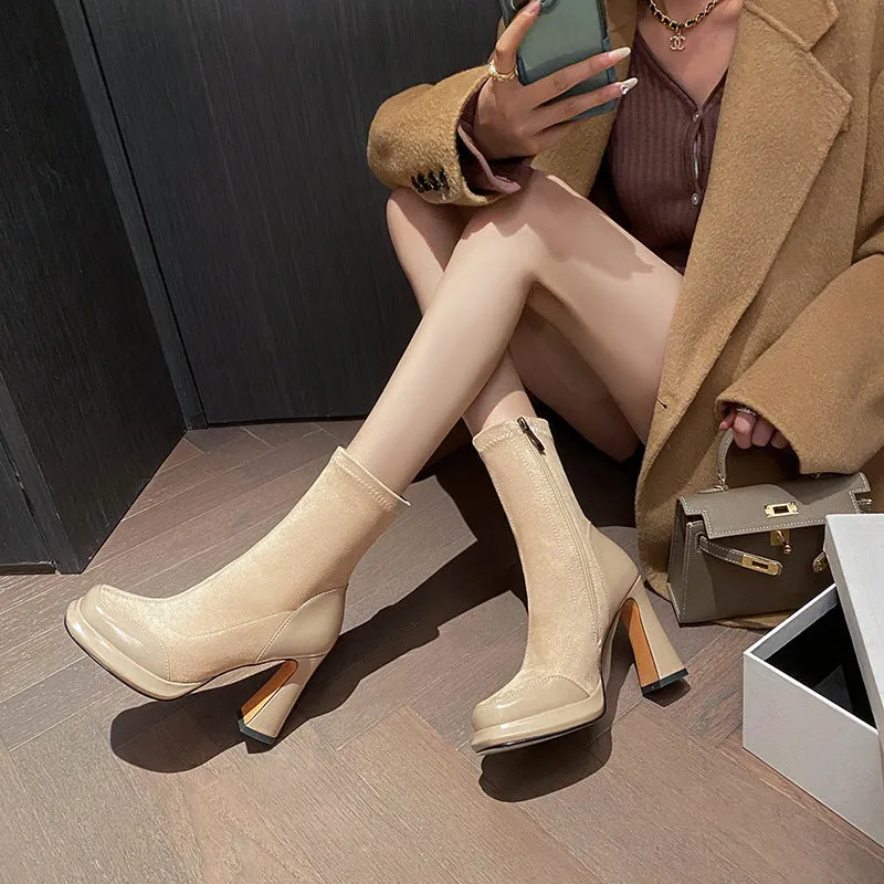 2025  Coarse heel short boots women's splicing waterproof table elastic thin boots high heel short single boots versatile Korean version gentle