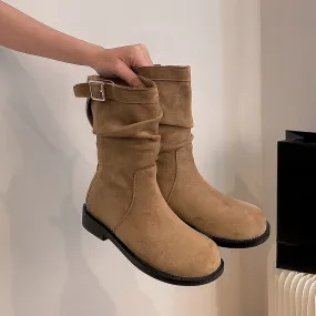 2025  Wasteland Martin Boots Women's Retro British Pleated Pile Boots Medium Tube Round Head Skinny Short Boots