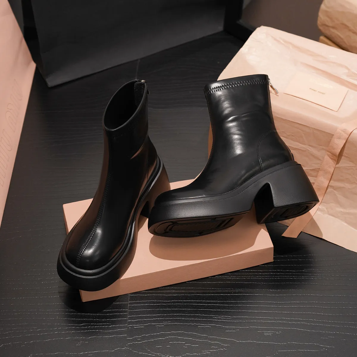 2025  White short boots women's muffin thick-soled small man heightening elastic thin boots slimming Martin boots