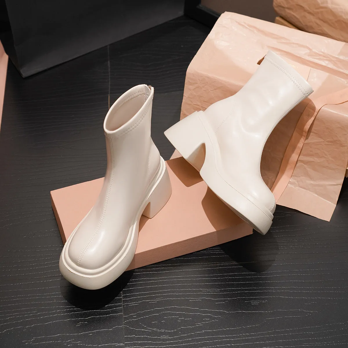 2025  White short boots women's muffin thick-soled small man heightening elastic thin boots slimming Martin boots