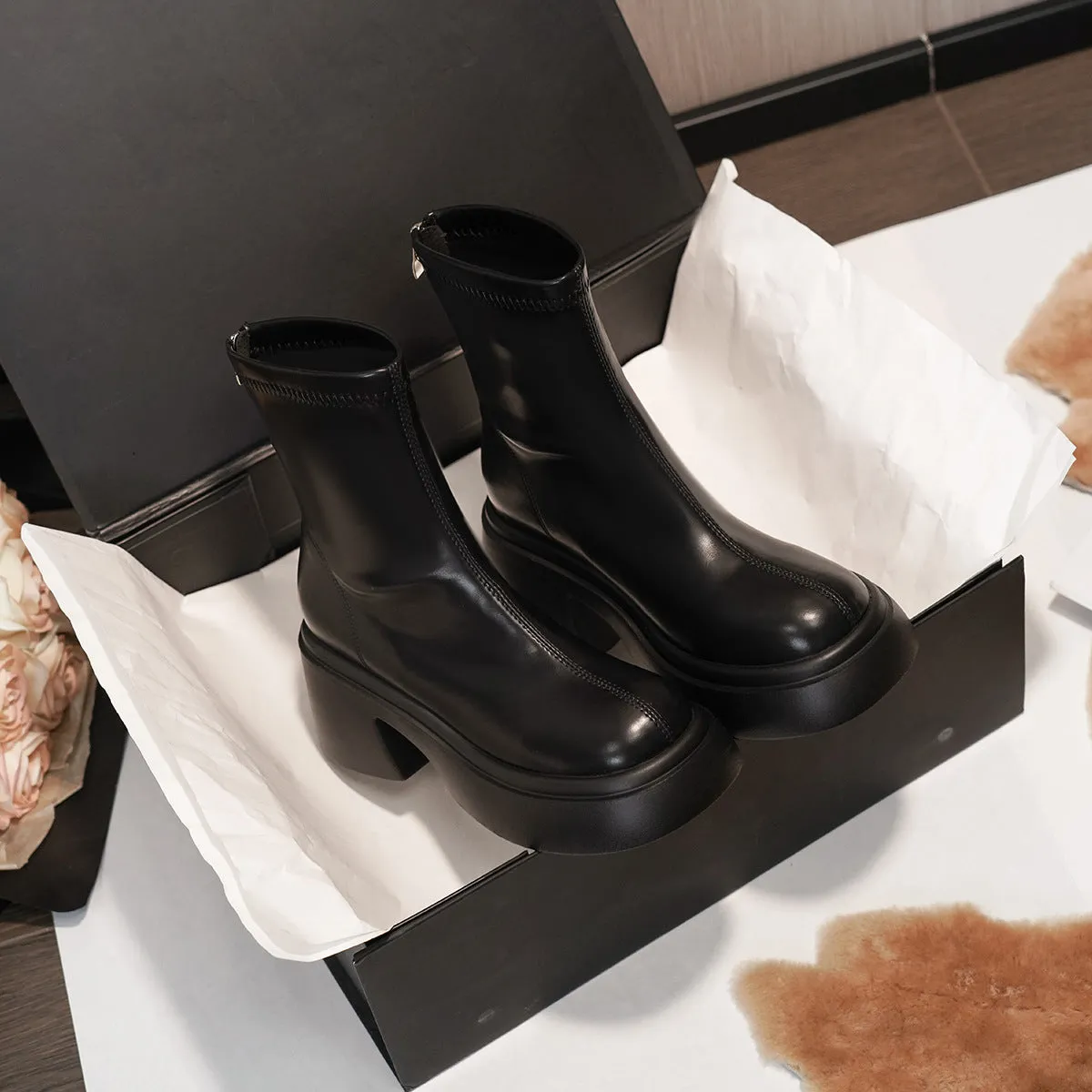 2025  White short boots women's muffin thick-soled small man heightening elastic thin boots slimming Martin boots
