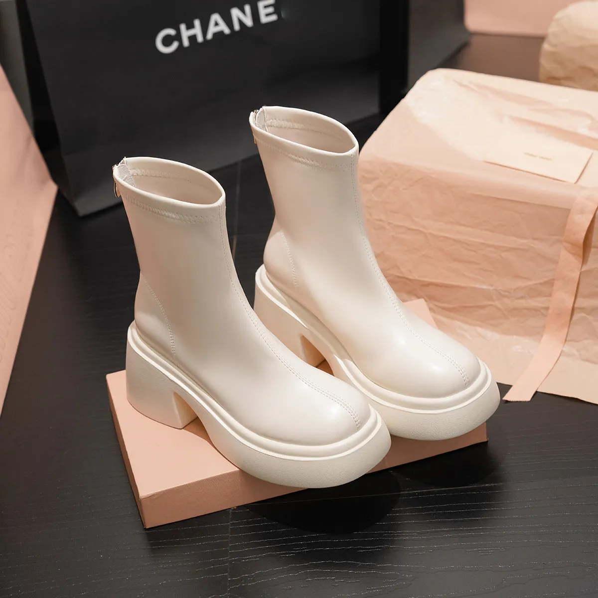 2025  White short boots women's muffin thick-soled small man heightening elastic thin boots slimming Martin boots