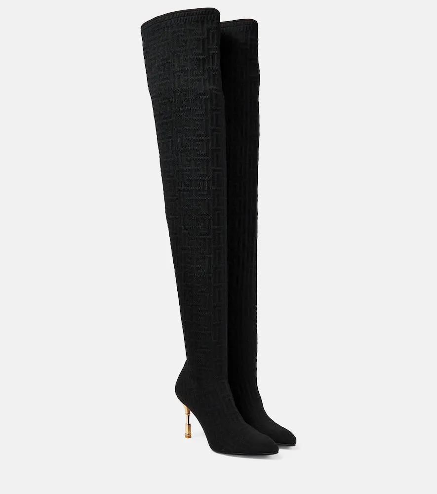 Balmain Moneta monogram mesh over-the-knee boots