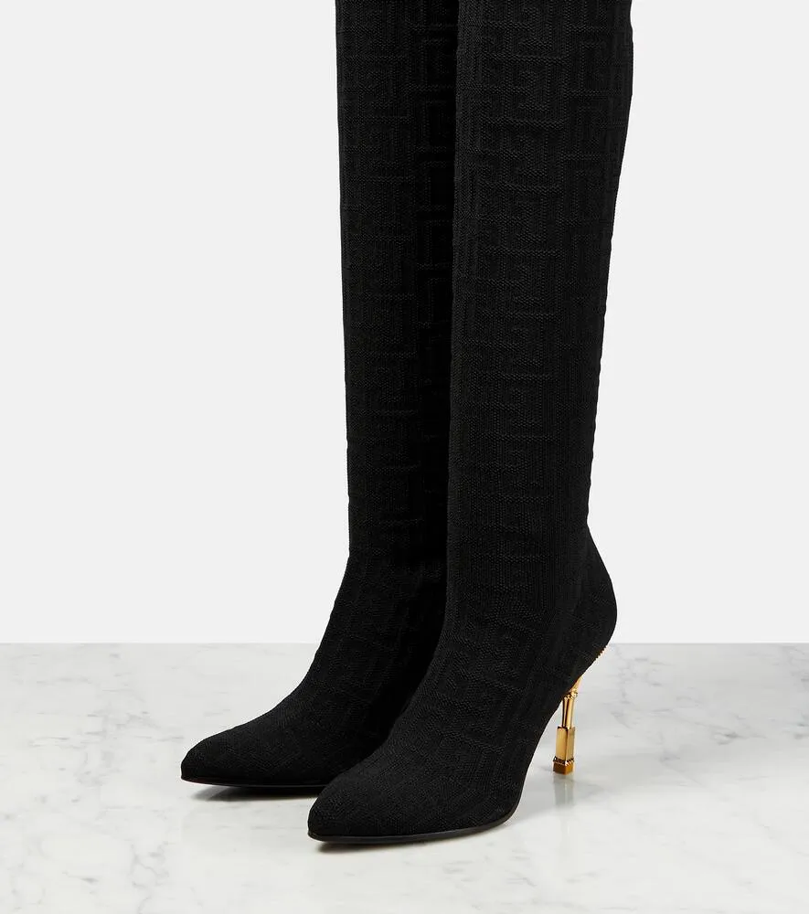 Balmain Moneta monogram mesh over-the-knee boots