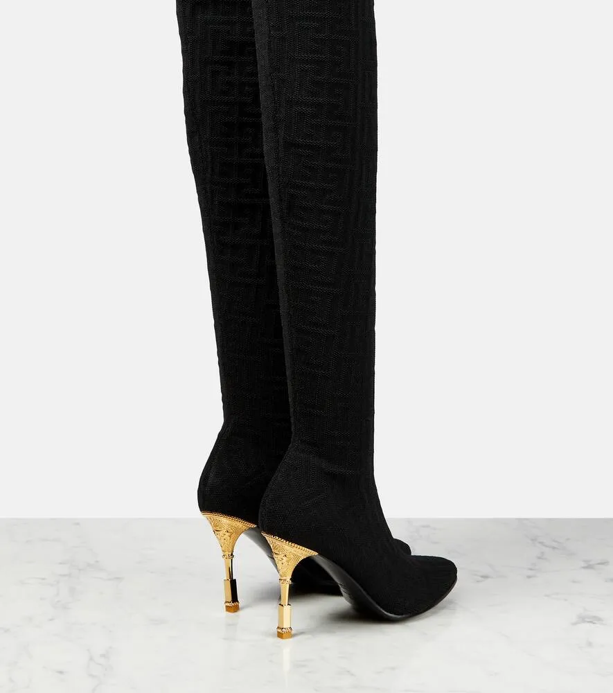Balmain Moneta monogram mesh over-the-knee boots