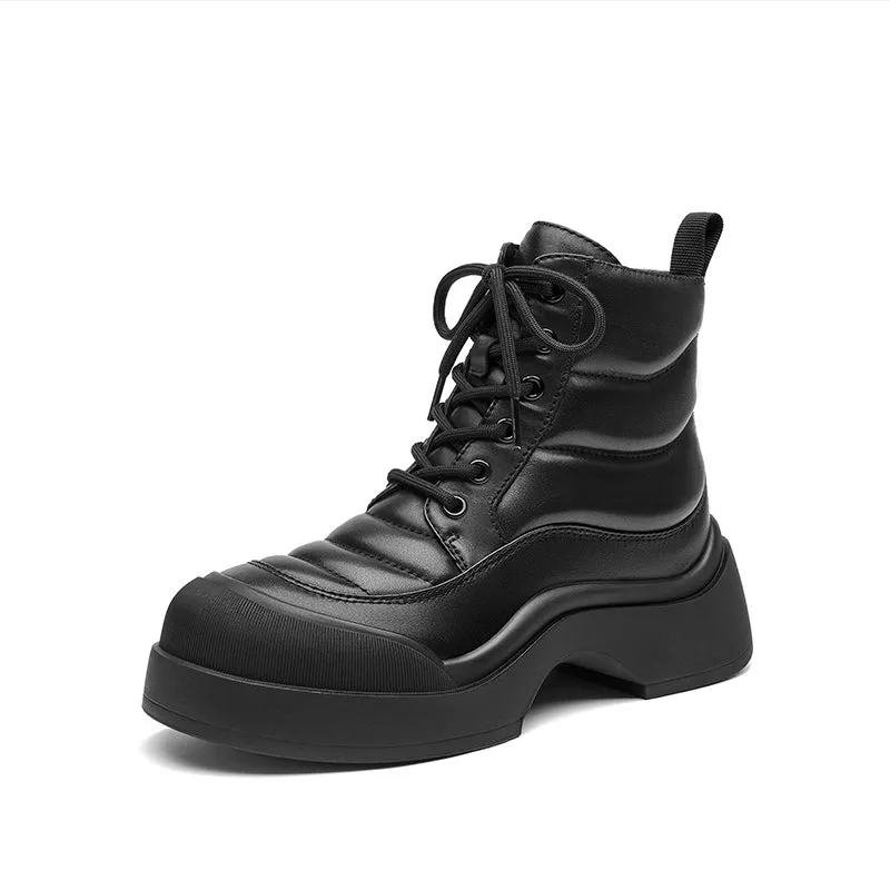 BeauToday Women's Cow Leather Chunky Platform Lace-Up Combat Boots