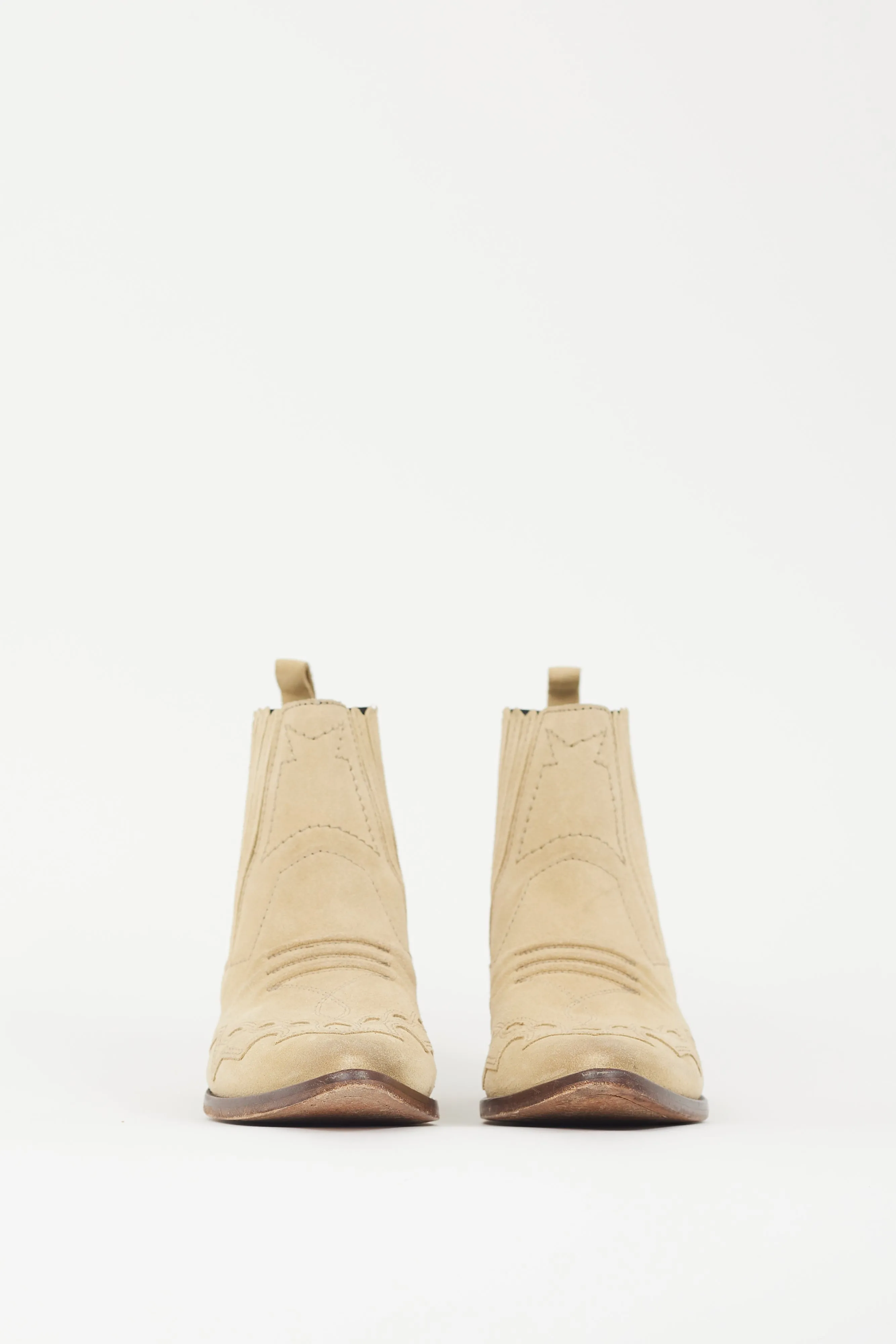 Beige Suede Western Ankle Boot
