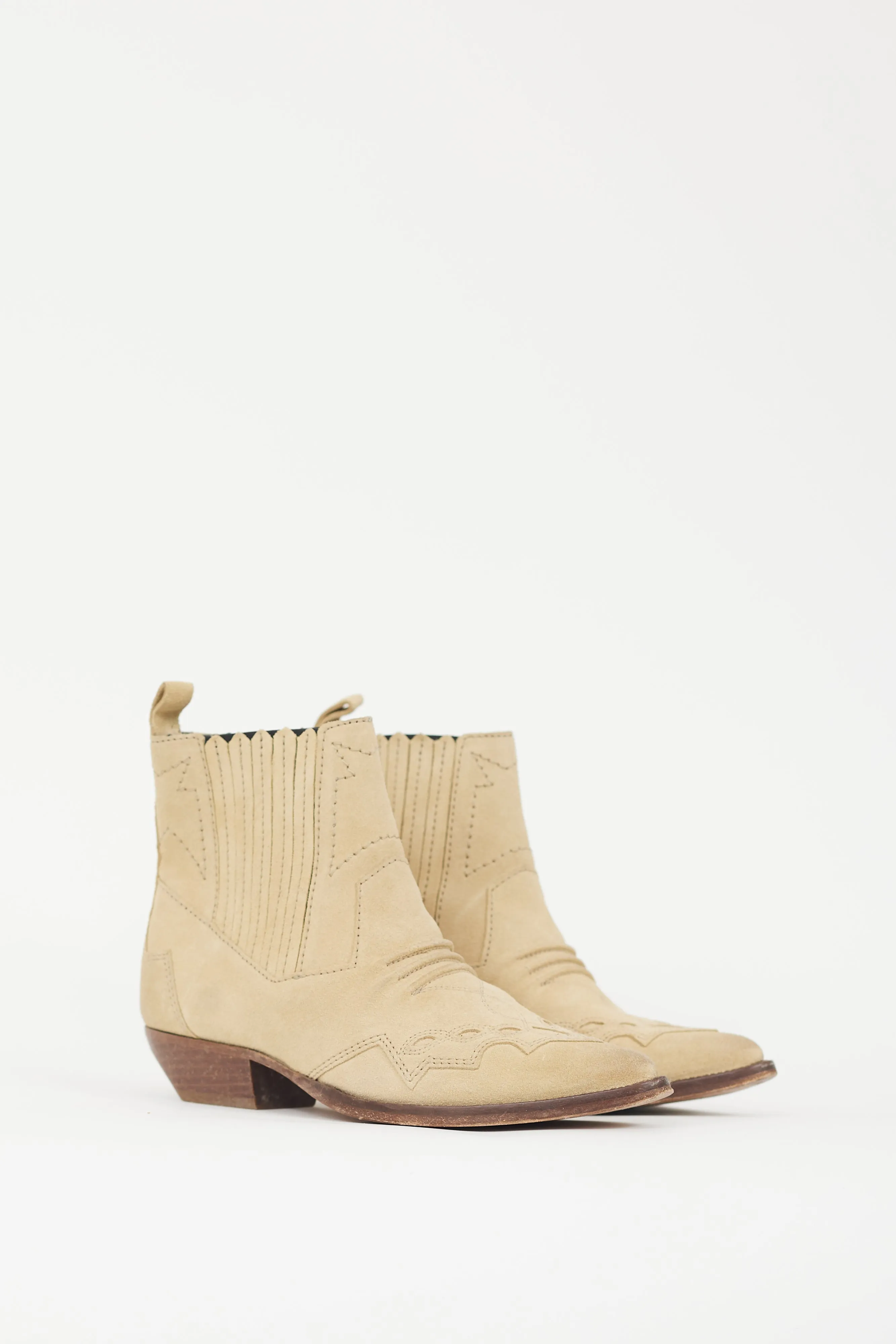 Beige Suede Western Ankle Boot
