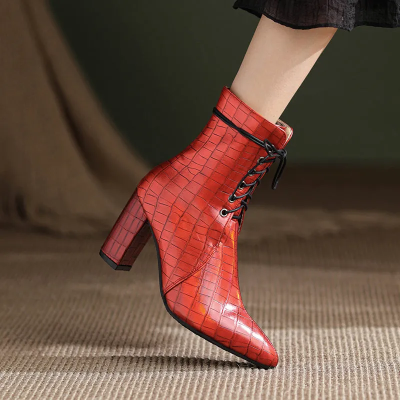 Bigsizeheels Pointed stone pattern chunky heel ankle boots - Red