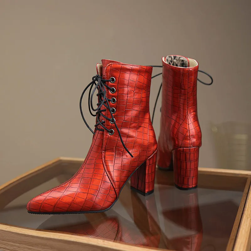 Bigsizeheels Pointed stone pattern chunky heel ankle boots - Red