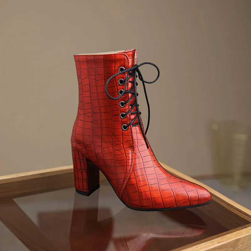 Bigsizeheels Pointed stone pattern chunky heel ankle boots - Red