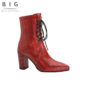 Bigsizeheels Pointed stone pattern chunky heel ankle boots - Red