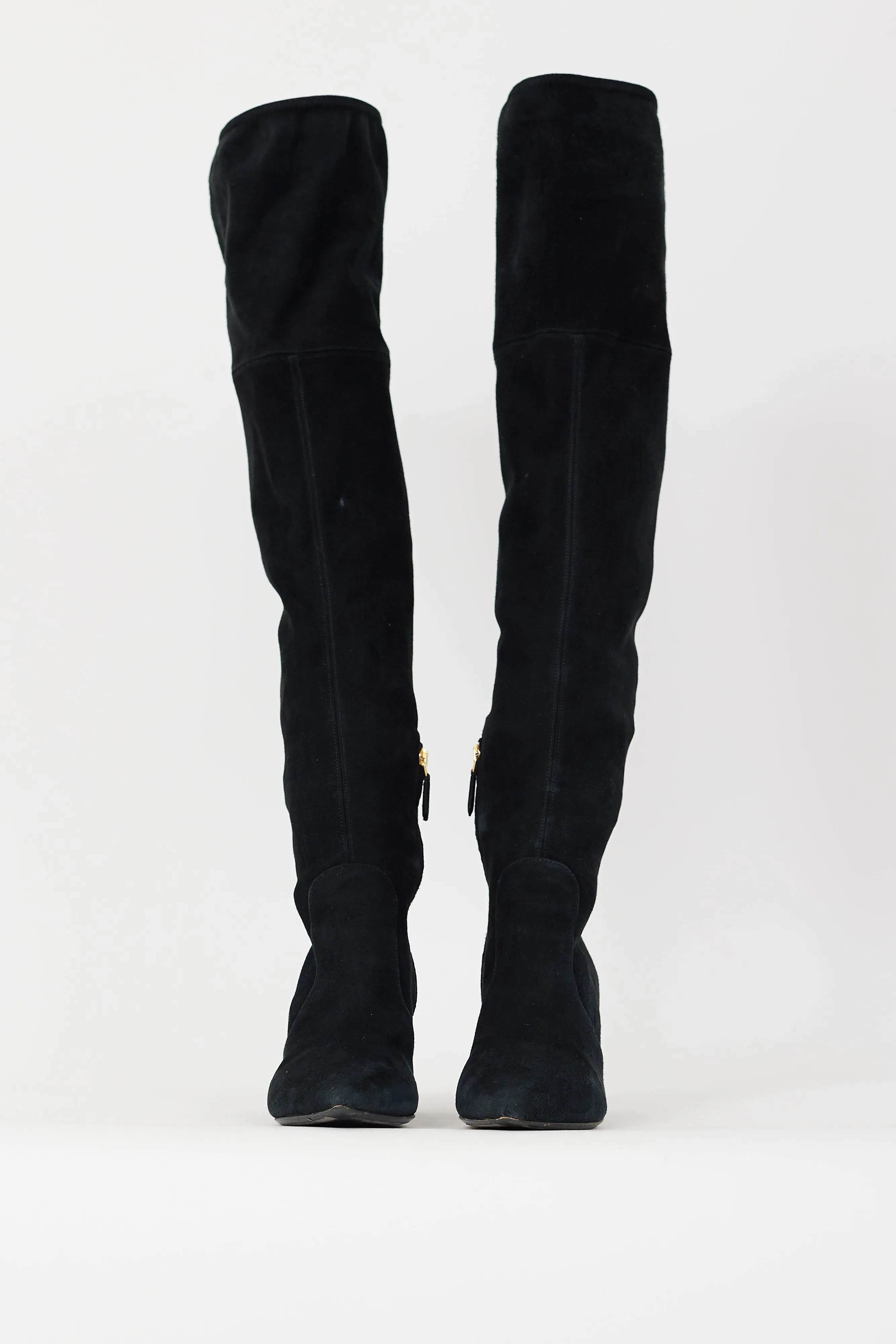 Black Suede Thigh High Heeled Boot