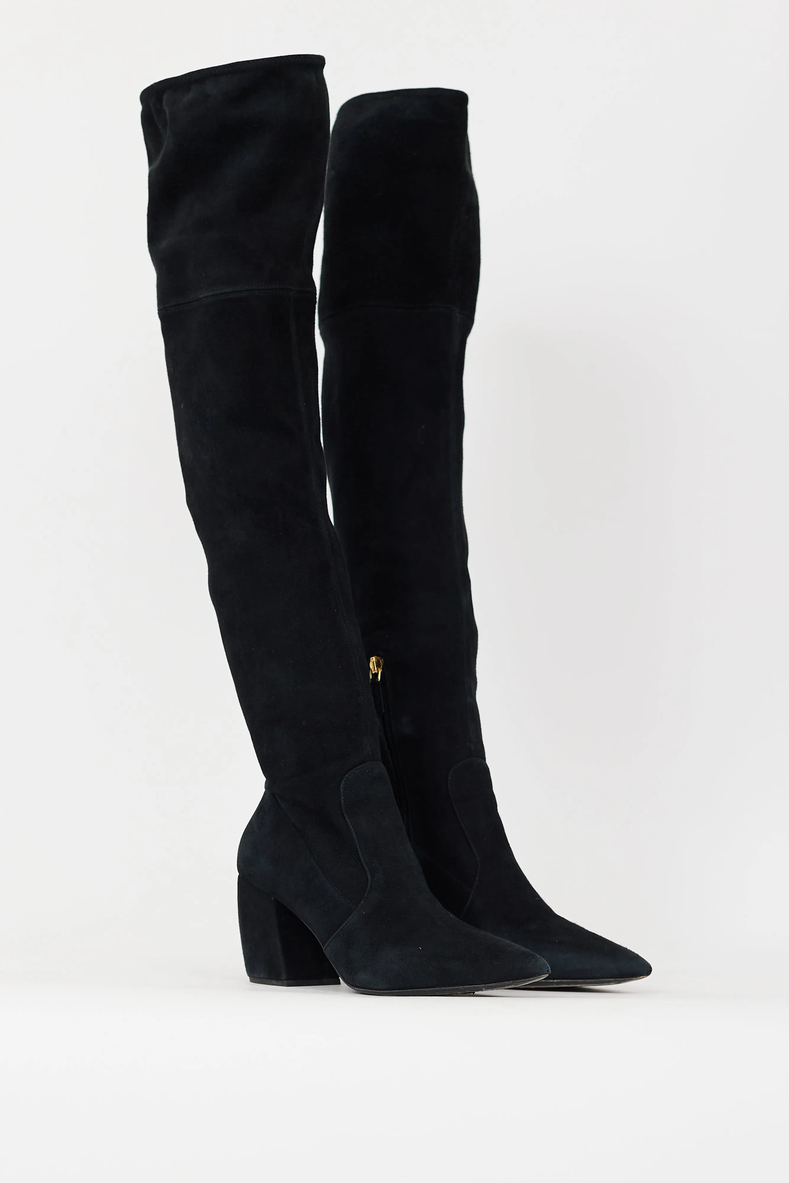 Black Suede Thigh High Heeled Boot