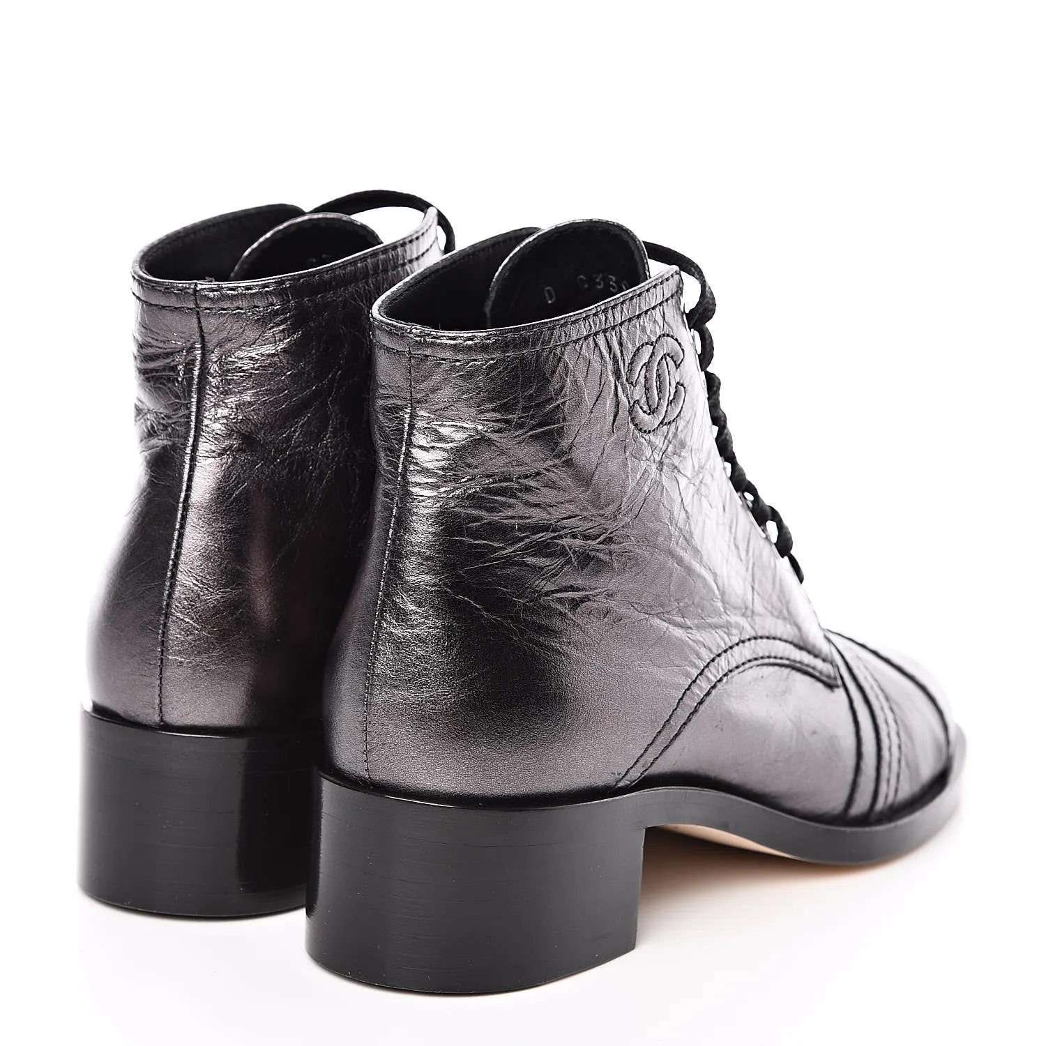 CHANEL CC METALLIC LACE UP COMBAT BOOTS