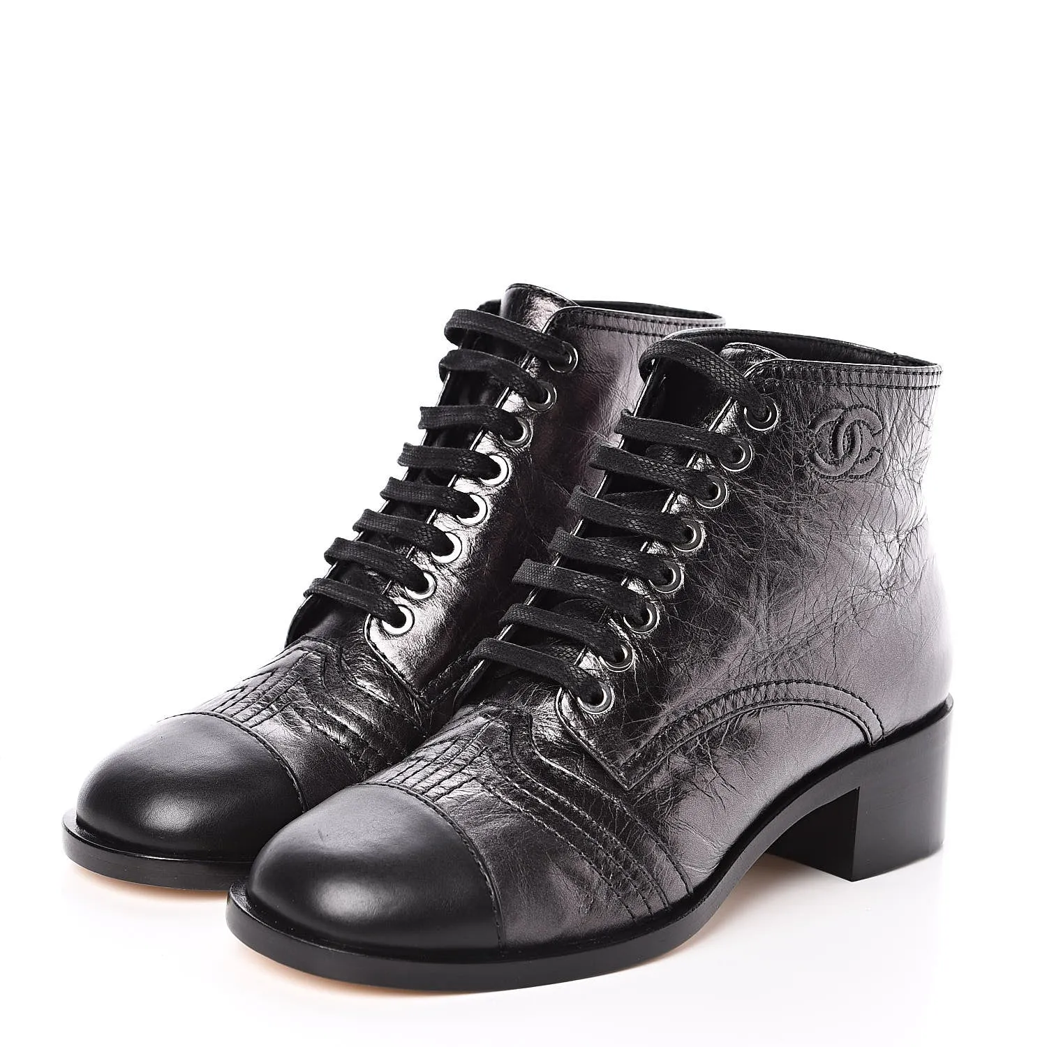 CHANEL CC METALLIC LACE UP COMBAT BOOTS