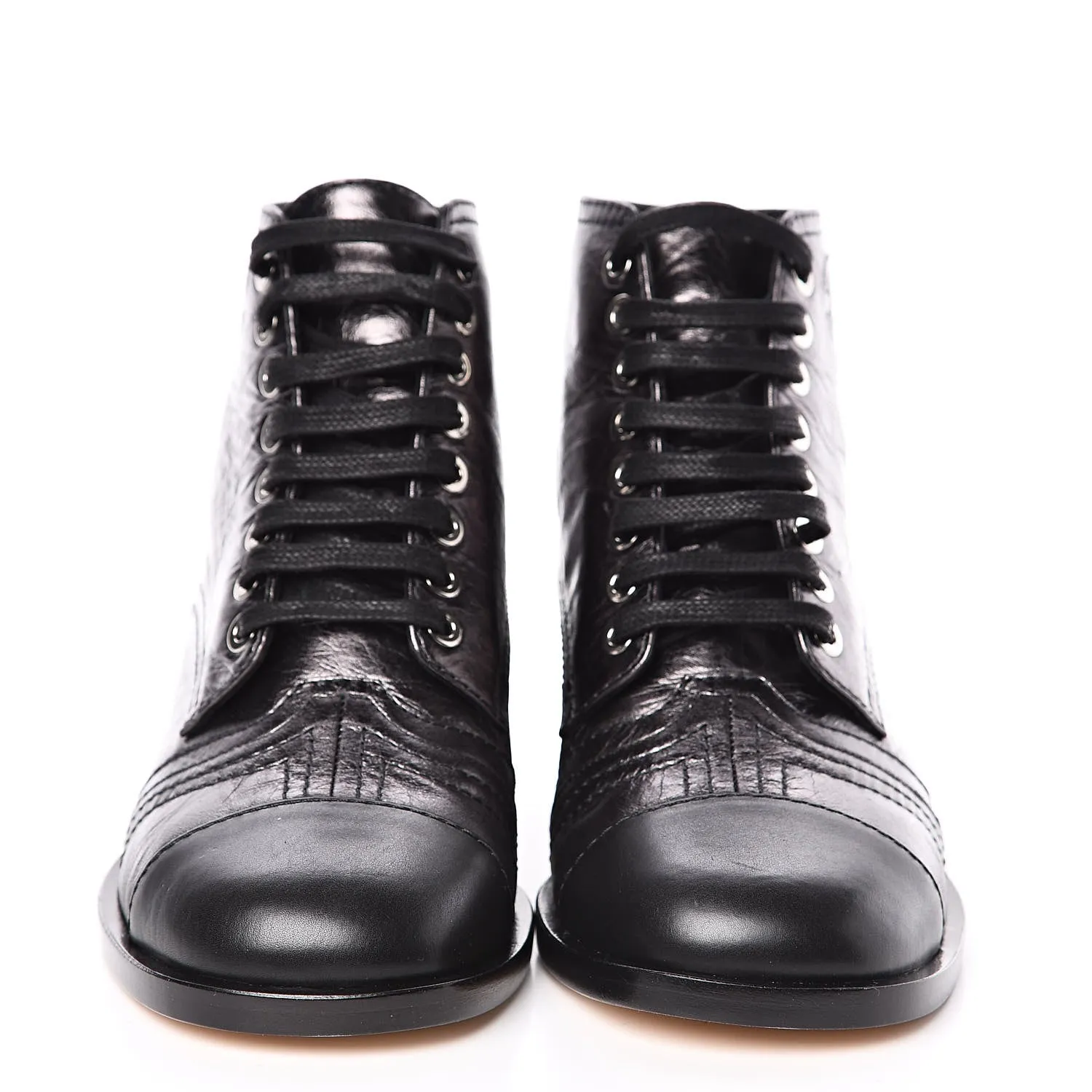 CHANEL CC METALLIC LACE UP COMBAT BOOTS