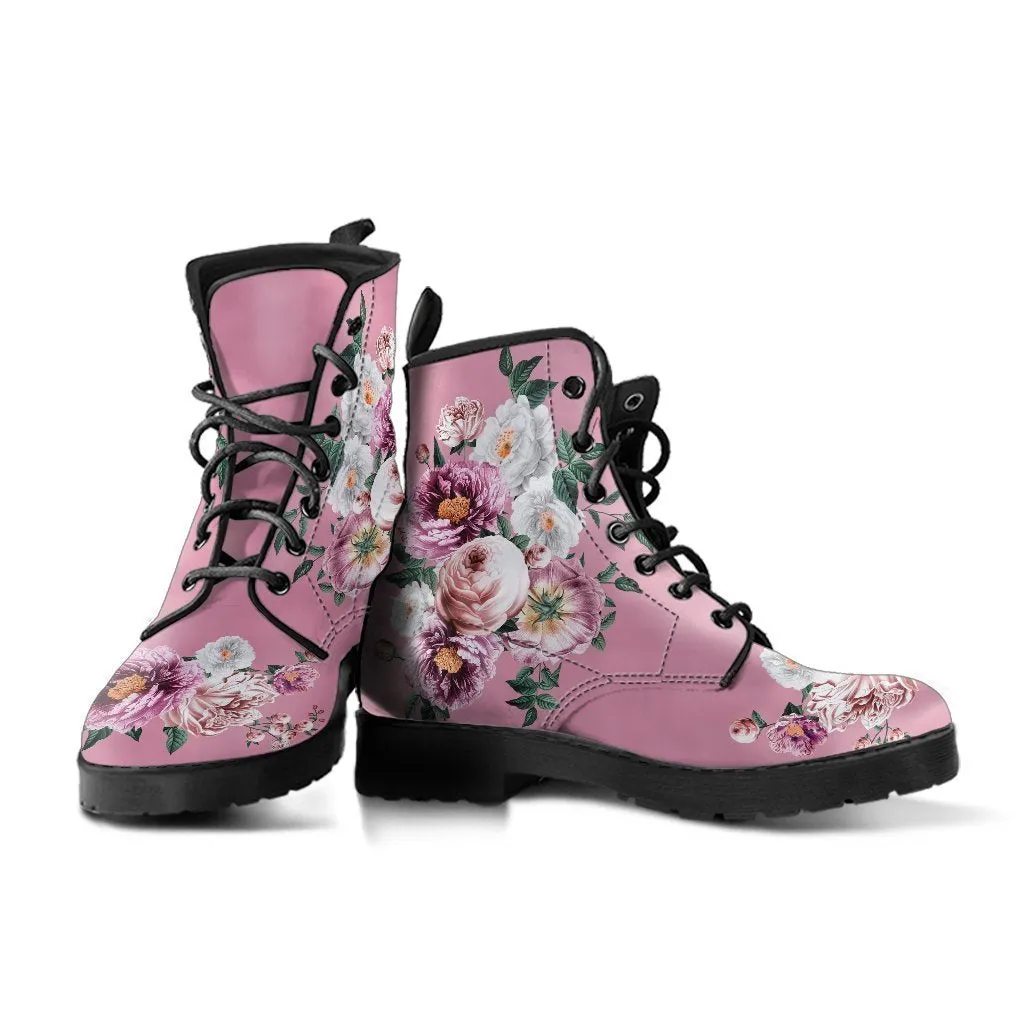 Combat Boots - Pink & White Flowers (Pink) | Blush Pink Flat Shoes, Vegan Leather Lace Up Boots