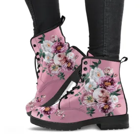 Combat Boots - Pink & White Flowers (Pink) | Blush Pink Flat Shoes, Vegan Leather Lace Up Boots