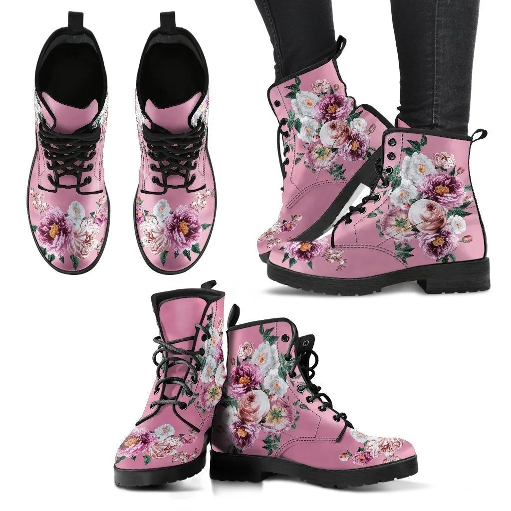 Combat Boots - Pink & White Flowers (Pink) | Blush Pink Flat Shoes, Vegan Leather Lace Up Boots