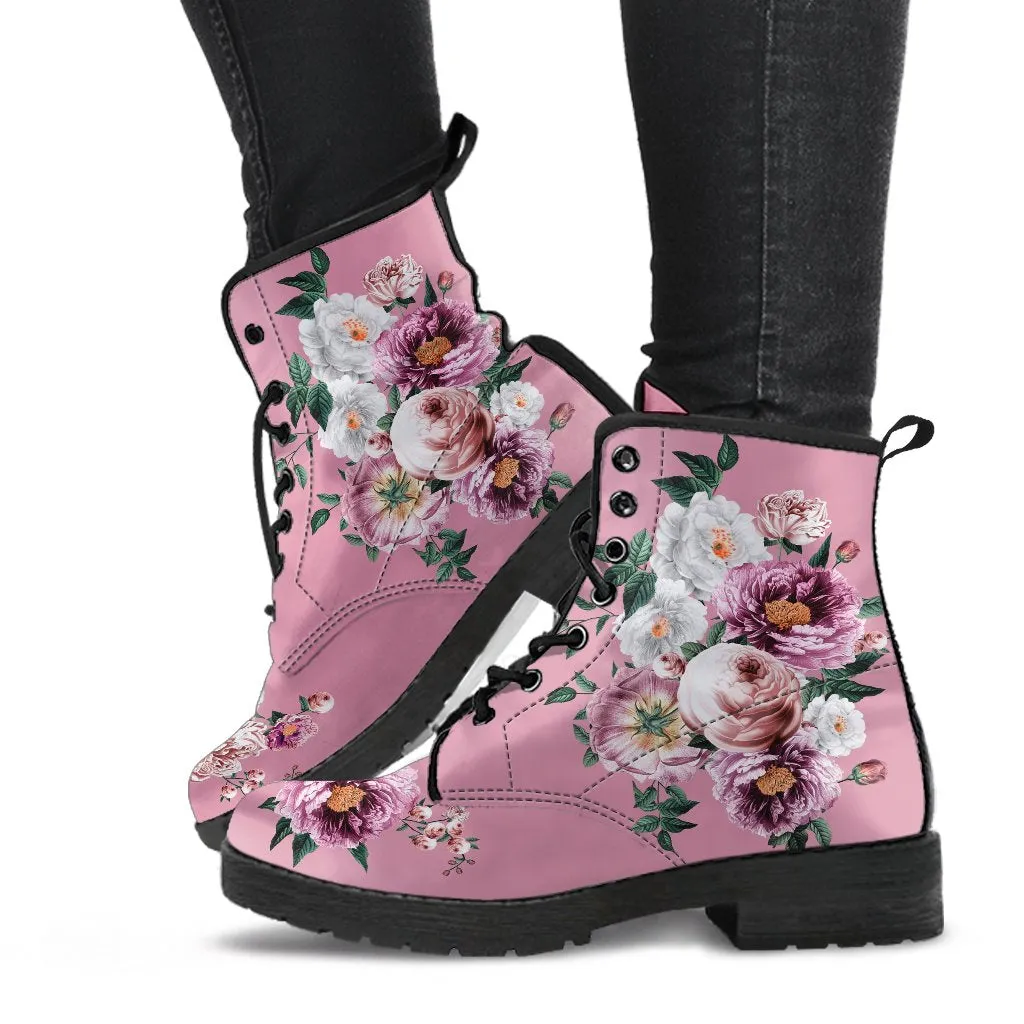 Combat Boots - Pink & White Flowers (Pink) | Blush Pink Flat Shoes, Vegan Leather Lace Up Boots