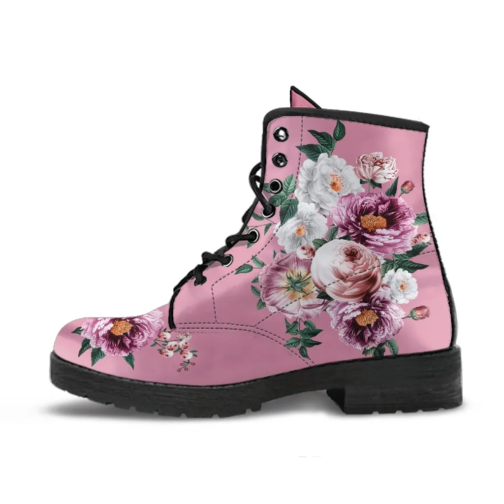 Combat Boots - Pink & White Flowers (Pink) | Blush Pink Flat Shoes, Vegan Leather Lace Up Boots