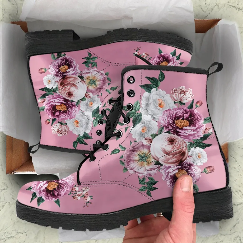 Combat Boots - Pink & White Flowers (Pink) | Blush Pink Flat Shoes, Vegan Leather Lace Up Boots