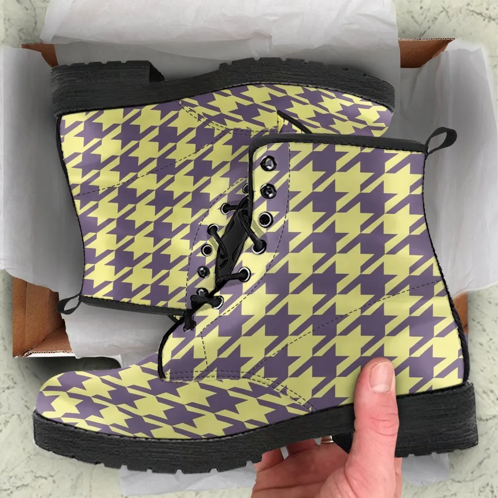 Combat Boots - Yellow Houndstooth | Boho Shoes, Handmade Lace Up Boots, Vegan Leather Lace Up Boots, 90s Boots, 2000s Boots, Hipster Boots