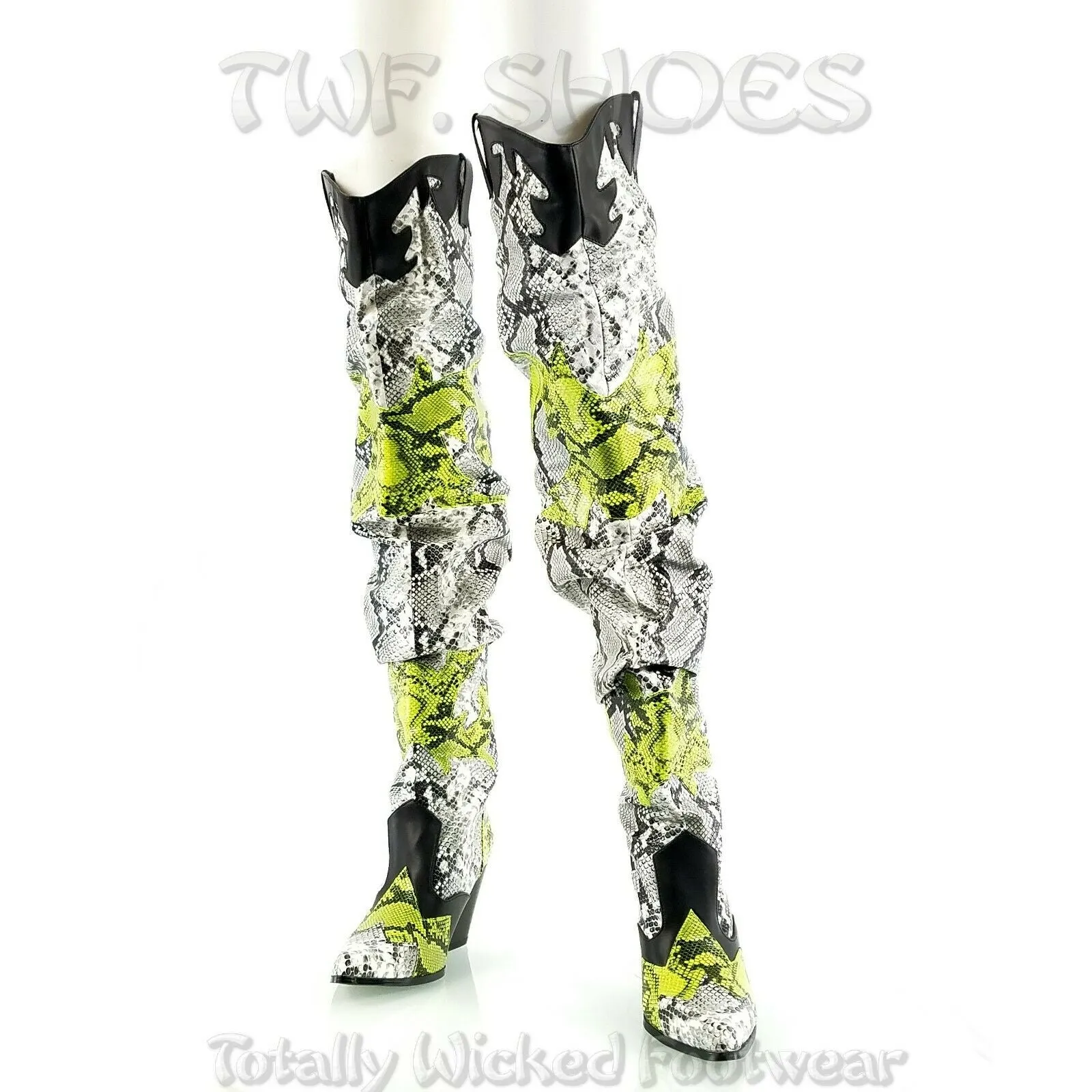 CR Kelsey 21 Hilda White Lime Snake Western Slouch OTK Thigh High Cowboy Boots