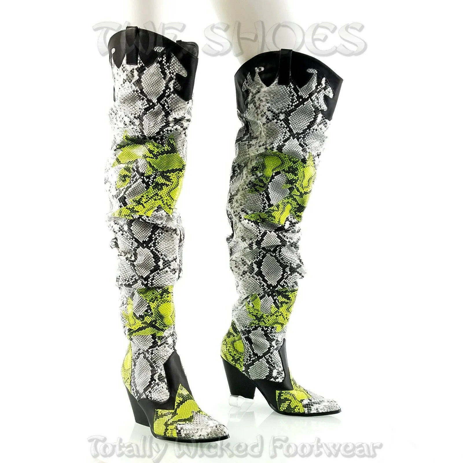 CR Kelsey 21 Hilda White Lime Snake Western Slouch OTK Thigh High Cowboy Boots