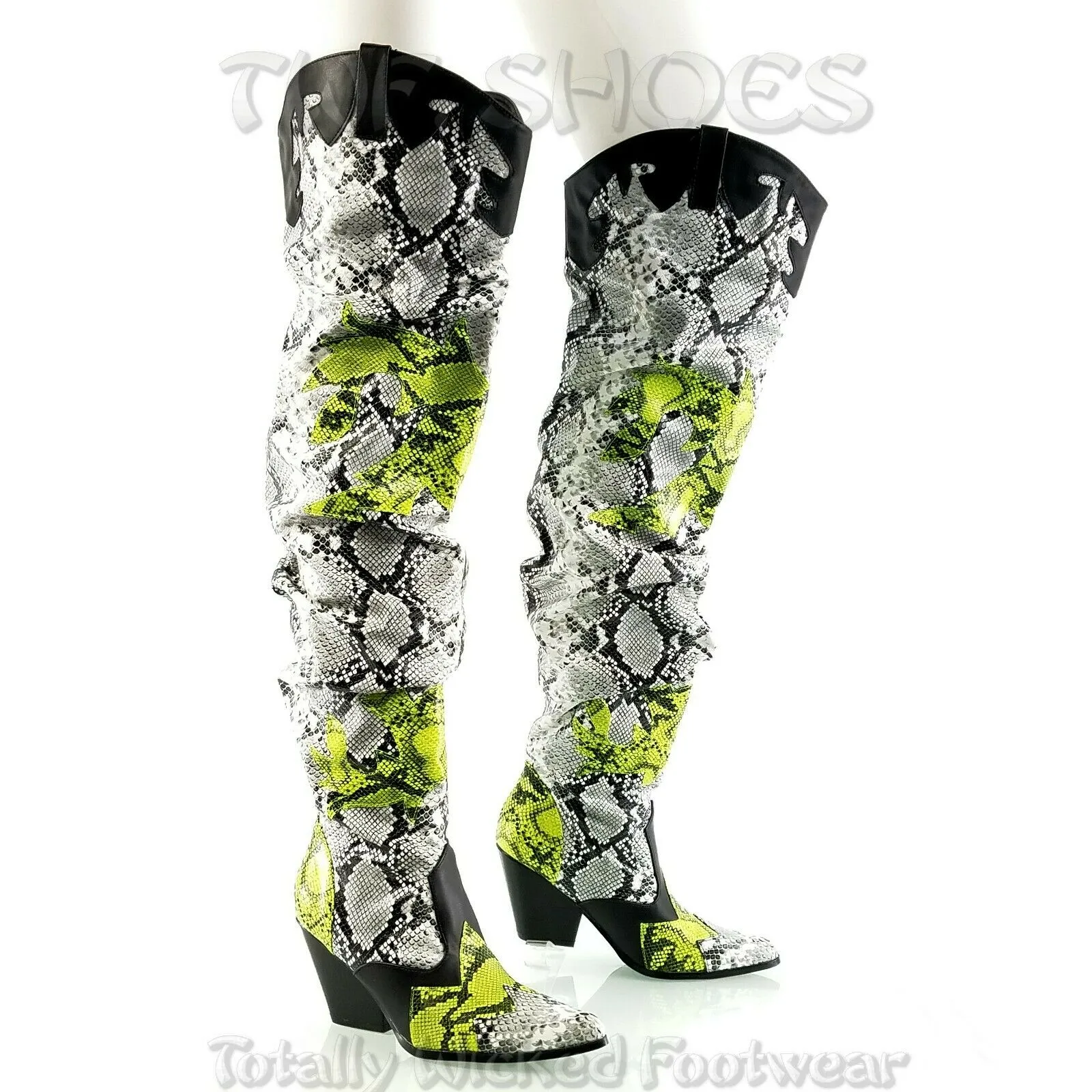 CR Kelsey 21 Hilda White Lime Snake Western Slouch OTK Thigh High Cowboy Boots