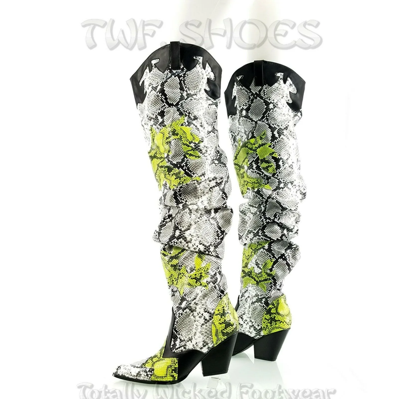 CR Kelsey 21 Hilda White Lime Snake Western Slouch OTK Thigh High Cowboy Boots