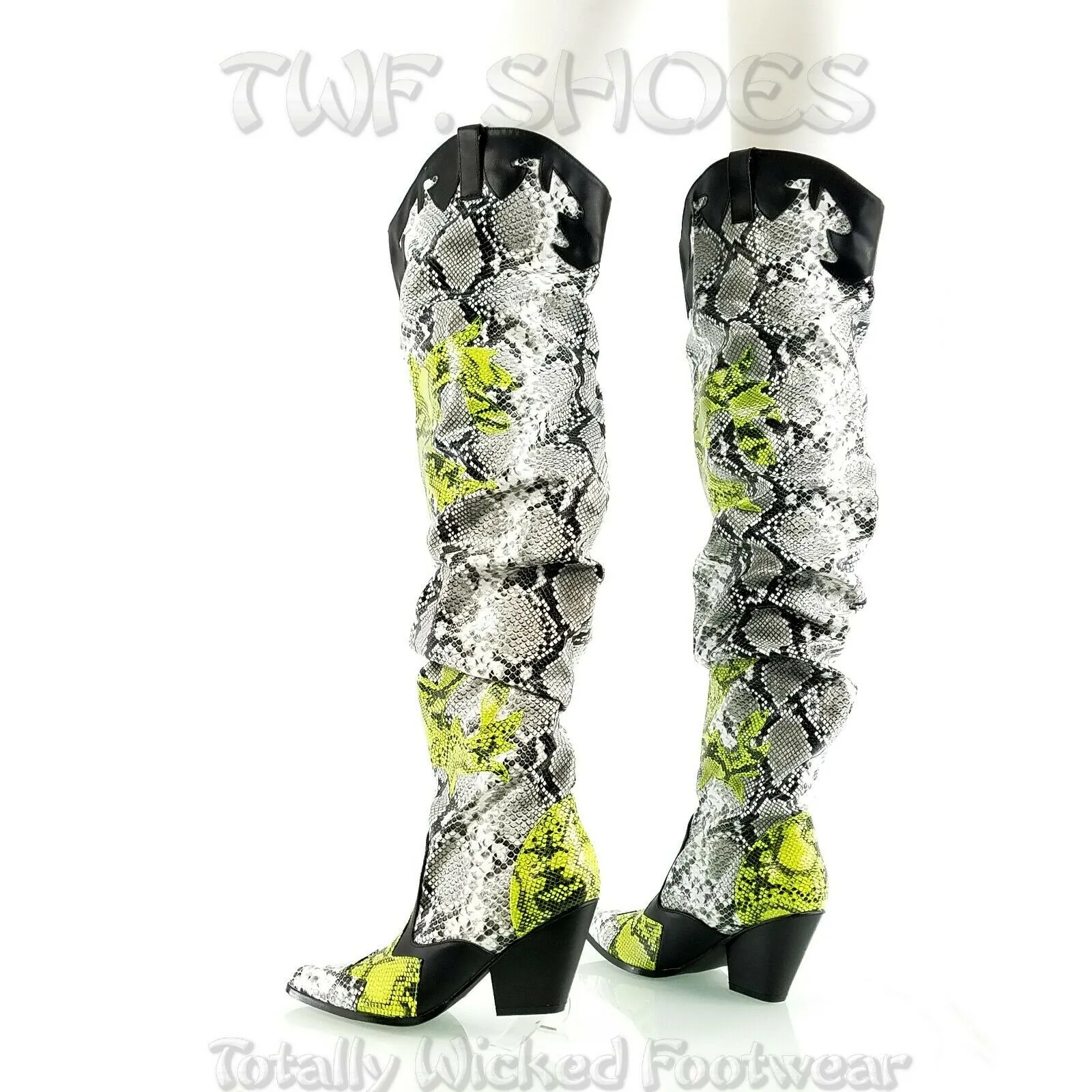 CR Kelsey 21 Hilda White Lime Snake Western Slouch OTK Thigh High Cowboy Boots