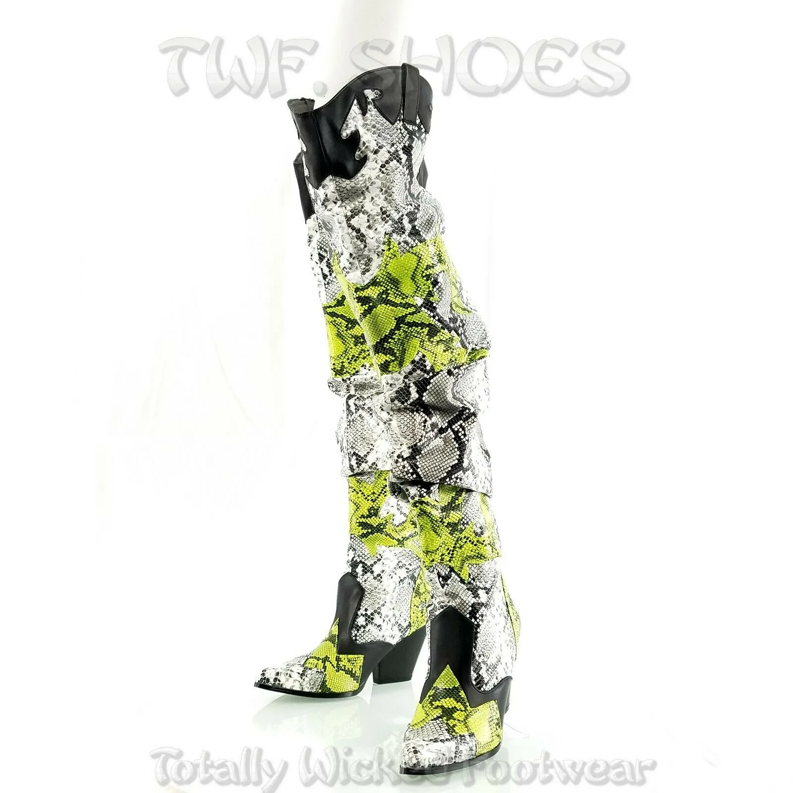 CR Kelsey 21 Hilda White Lime Snake Western Slouch OTK Thigh High Cowboy Boots