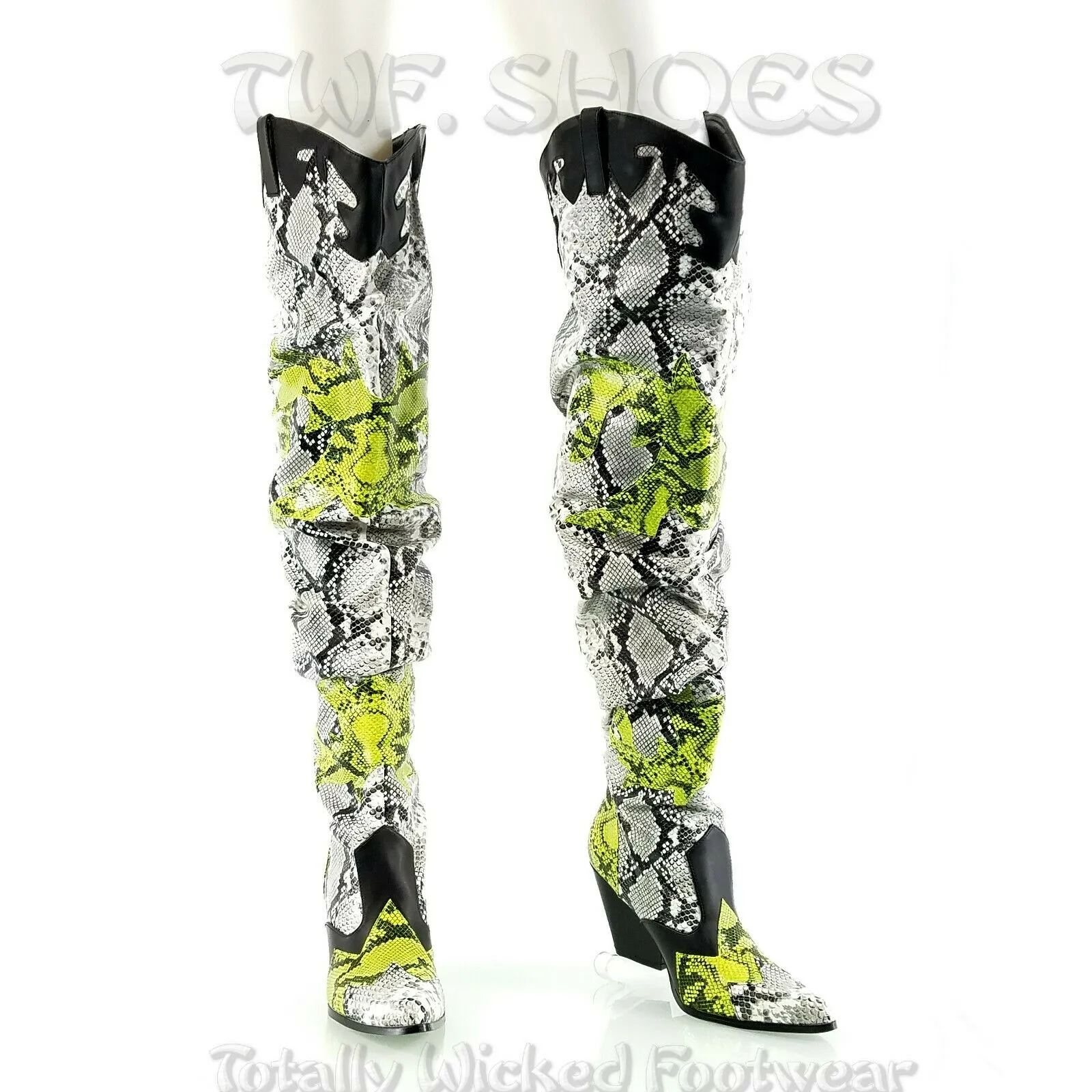CR Kelsey 21 Hilda White Lime Snake Western Slouch OTK Thigh High Cowboy Boots