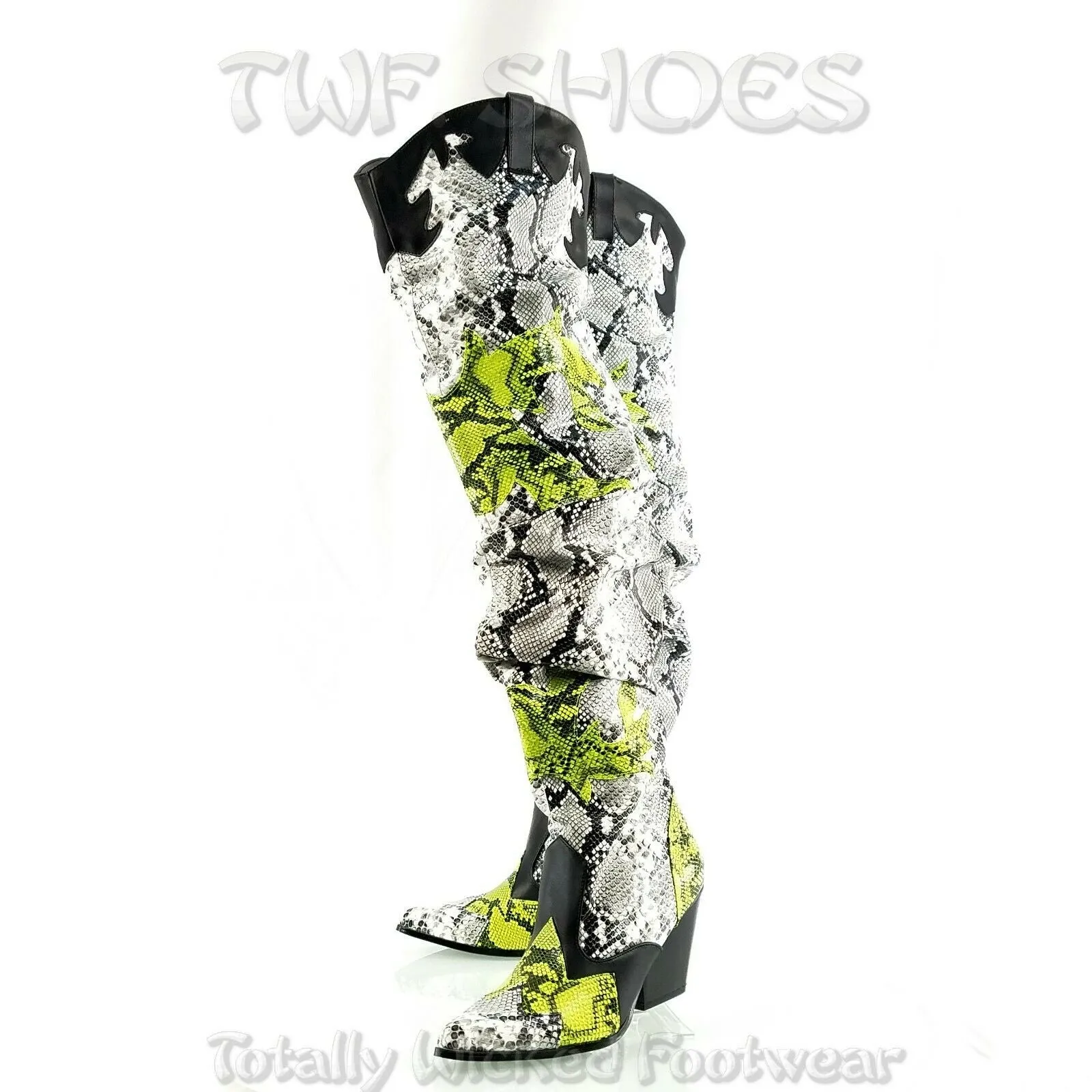 CR Kelsey 21 Hilda White Lime Snake Western Slouch OTK Thigh High Cowboy Boots