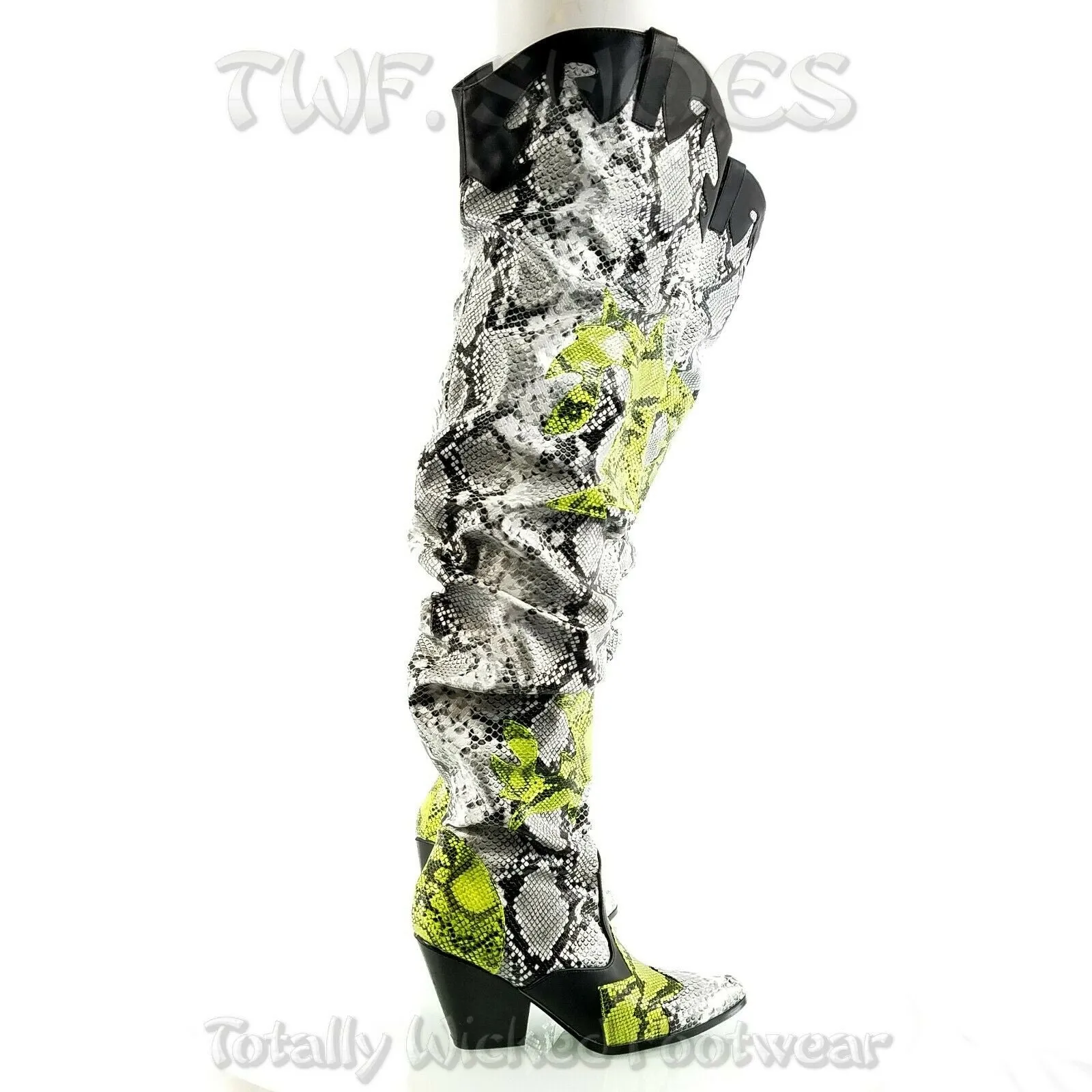 CR Kelsey 21 Hilda White Lime Snake Western Slouch OTK Thigh High Cowboy Boots