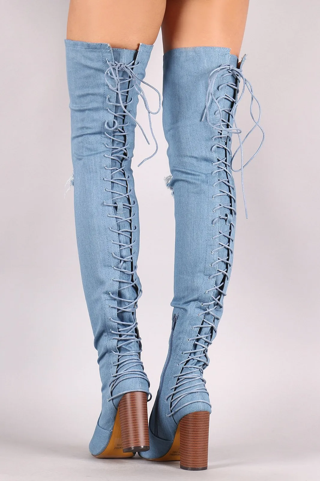 Denim Slit Knee Back Corset Chunky Heeled Over-The-Knee Boots