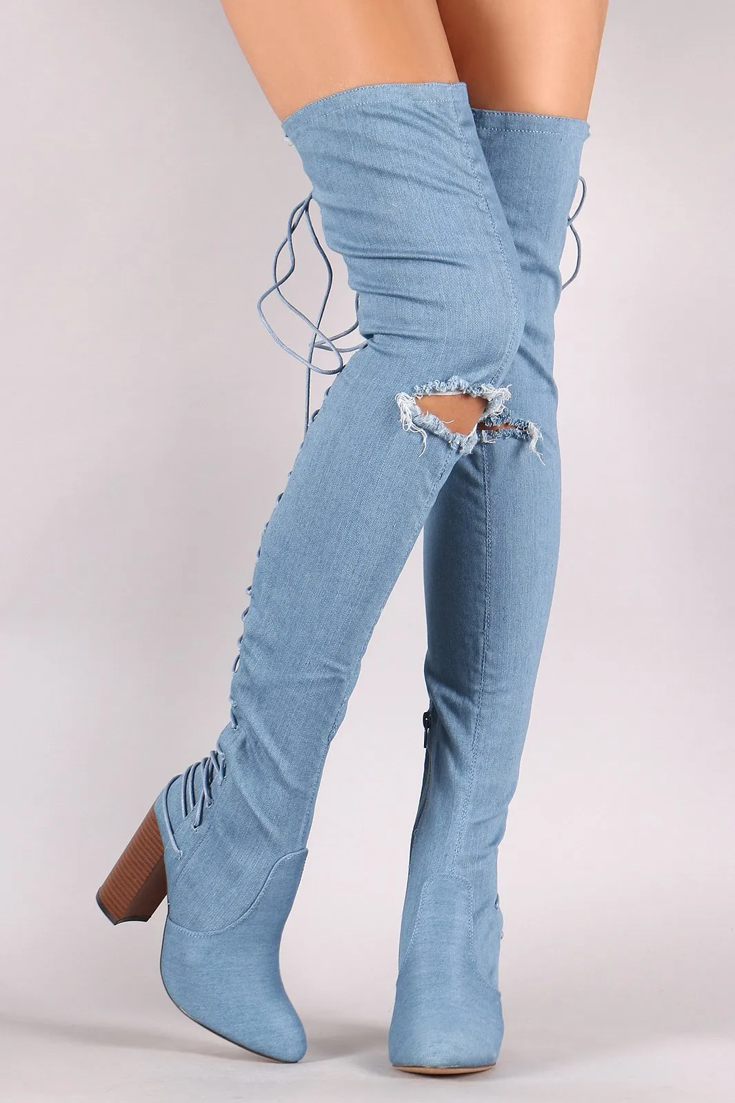Denim Slit Knee Back Corset Chunky Heeled Over-The-Knee Boots