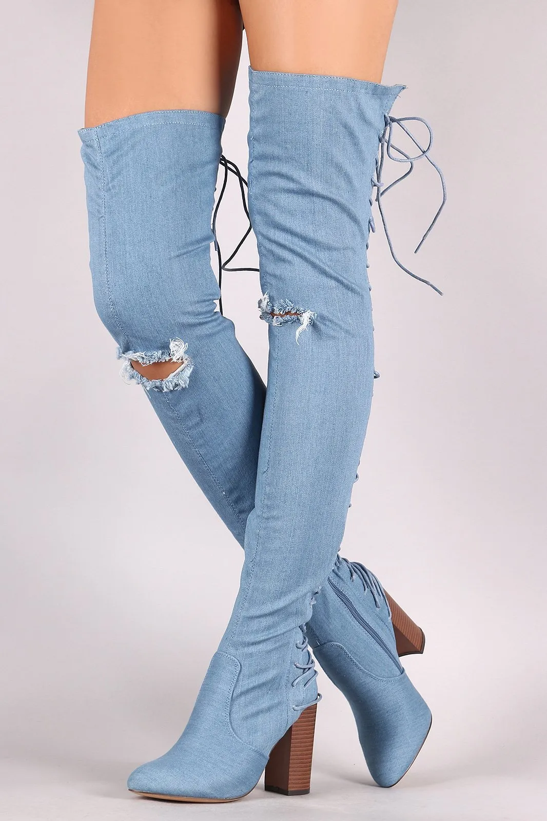 Denim Slit Knee Back Corset Chunky Heeled Over-The-Knee Boots