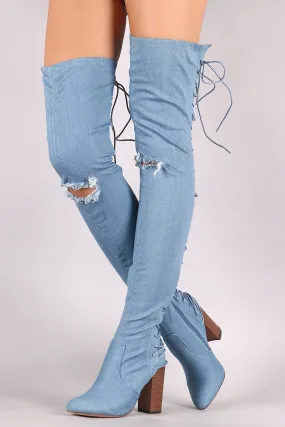 Denim Slit Knee Back Corset Chunky Heeled Over-The-Knee Boots
