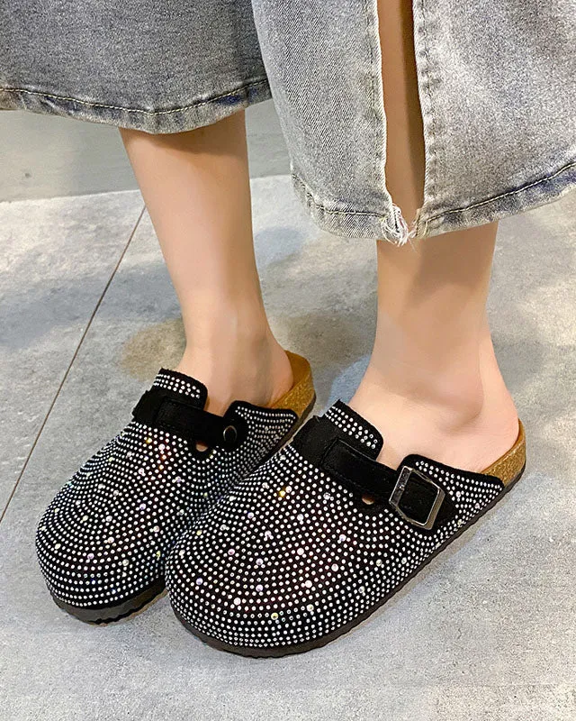 elveswallet Embellished Rhinestone Closed-Toe Cork Slippers