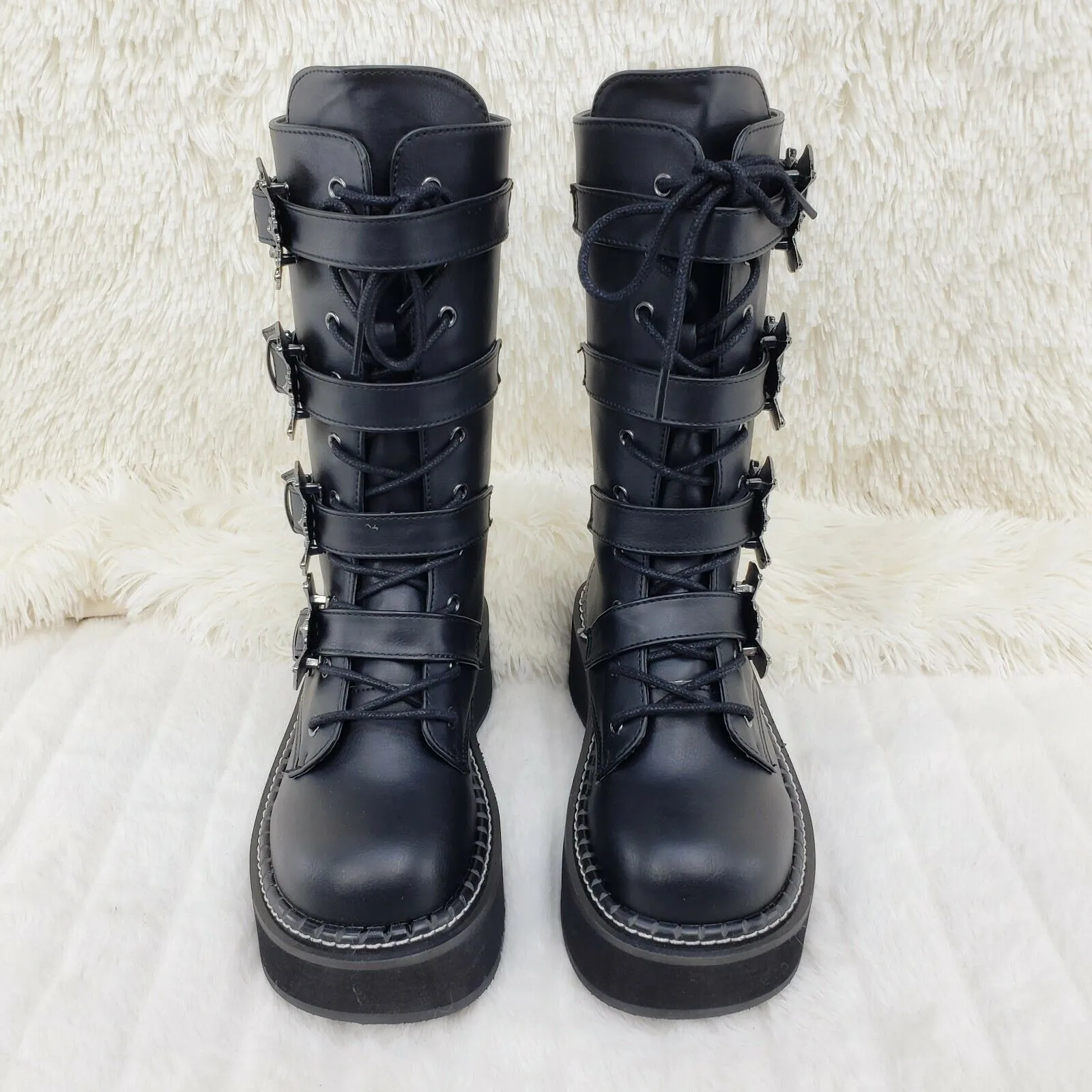 Emily 322 Black Matte 2" Platform Bat Buckle Combat Goth Boots In House