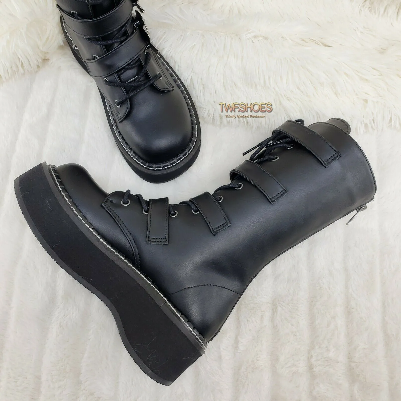Emily 322 Black Matte 2" Platform Bat Buckle Combat Goth Boots In House