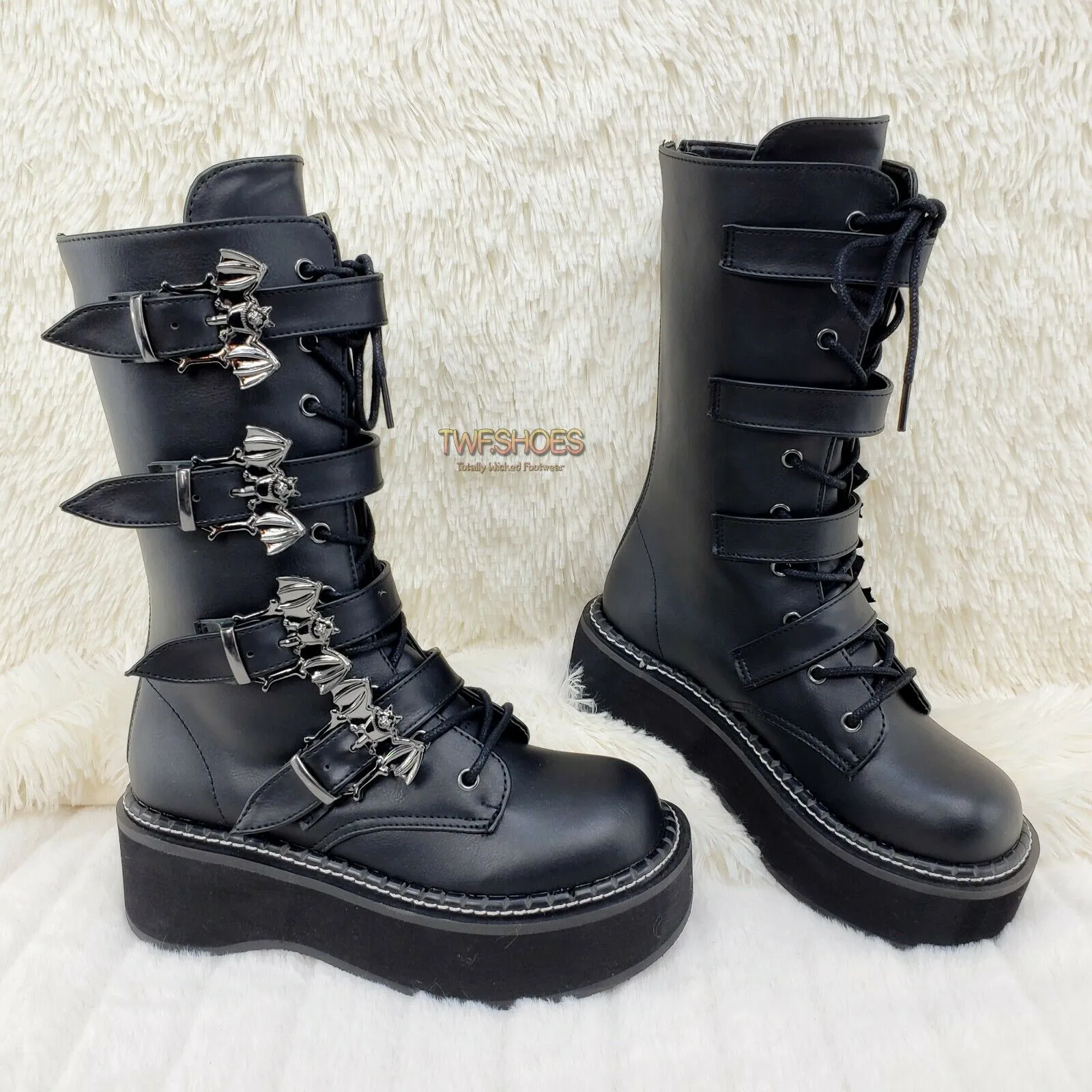 Emily 322 Black Matte 2" Platform Bat Buckle Combat Goth Boots In House