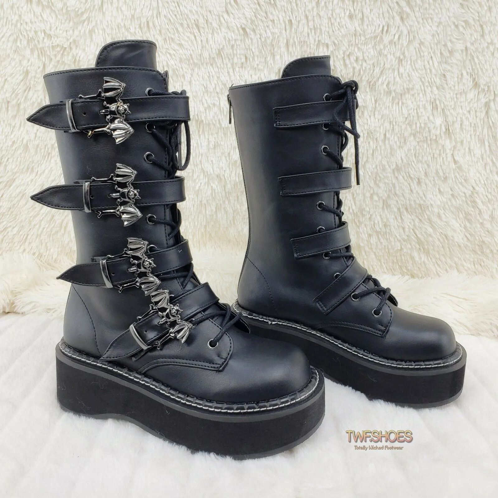 Emily 322 Black Matte 2" Platform Bat Buckle Combat Goth Boots In House