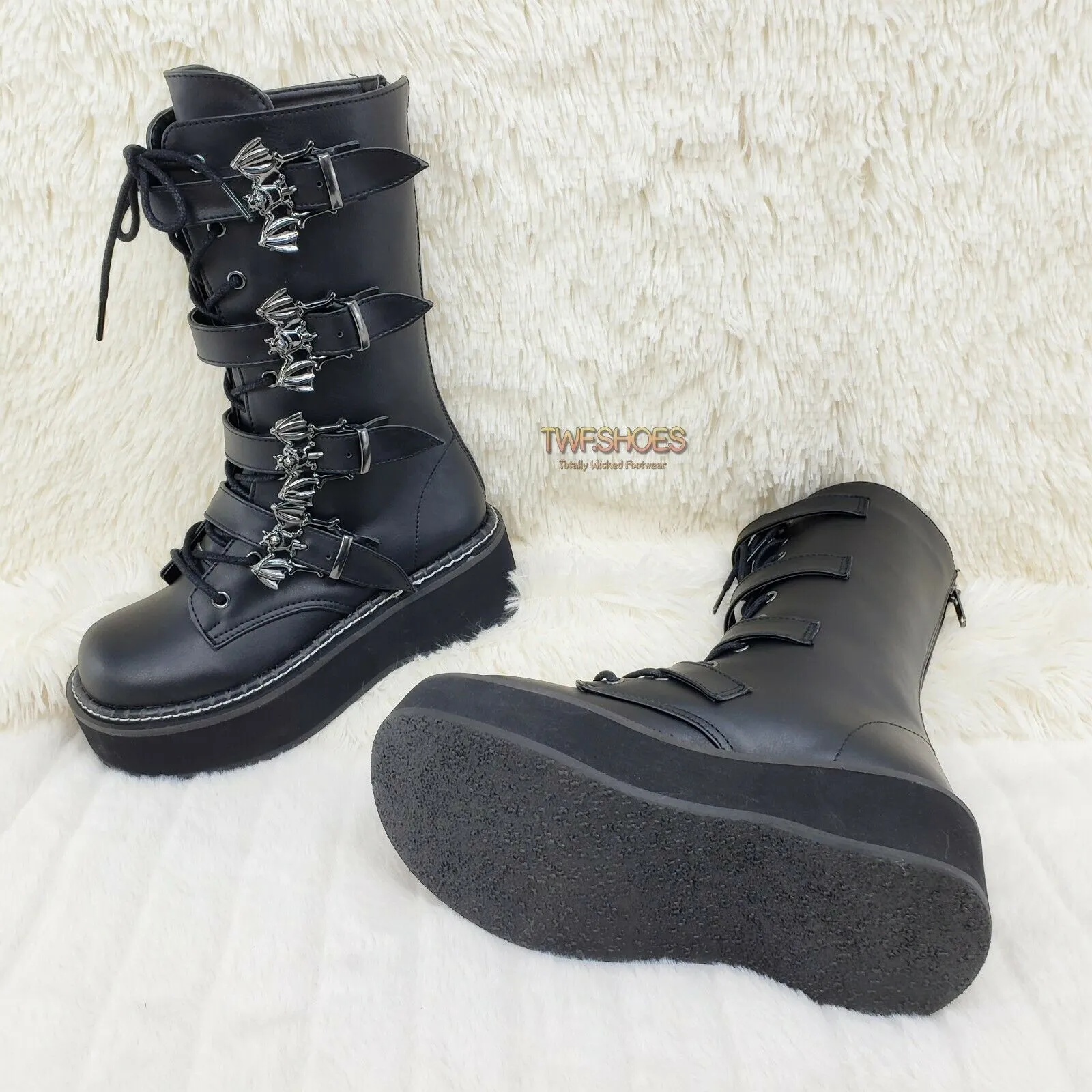 Emily 322 Black Matte 2" Platform Bat Buckle Combat Goth Boots In House
